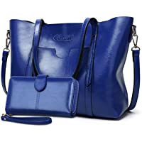  - Bolsos de Mujer Bolso Bandolera Tote Grande De Hombro Bolsos PU Cuero Bolsos Billetera 2pcs Set (Azul)